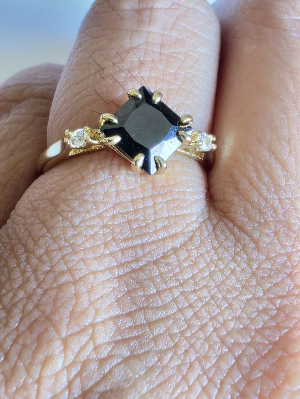 Black Emerald Cut Stone Ring Gold Plated Statement Cocktail Ring Size 7